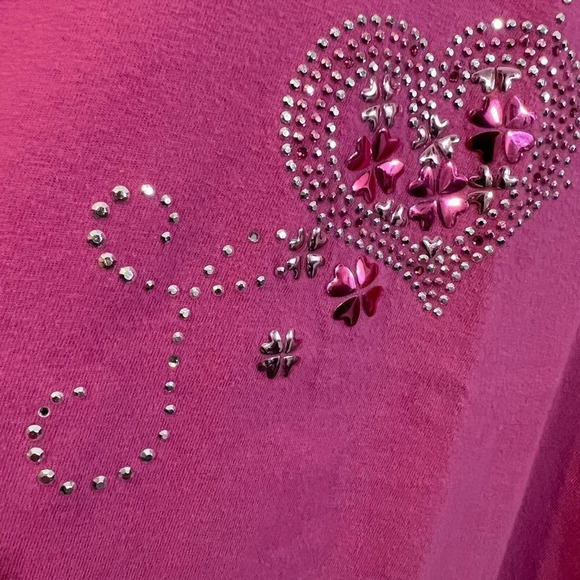 Top Stitch Pink Crewneck T Shirt Rhinestone Studded Applique Hearts Short Sleeve - Picture 6 of 7
